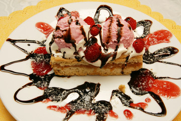 apple cake with whipped cream and ice cream