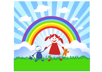 Happy children and rainbow