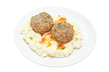 mashed potatoes and meatballs isolated