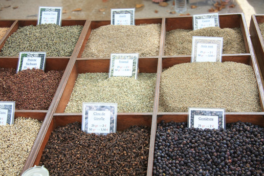 Herbs and spices on a market in France