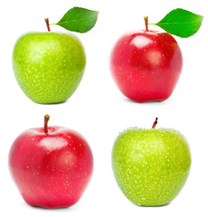 Red and green apple with green leaf.