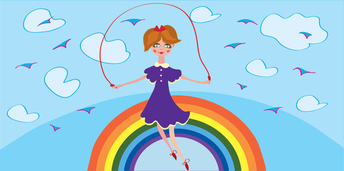 Funny banner with girl and rainbow in the sky