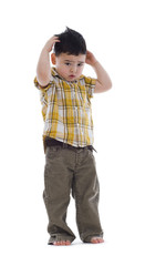 shy boy on white background