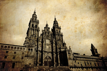 Santiago de Compostela vintage card - obrazy, fototapety, plakaty