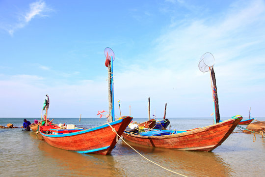 fisherman long tail boat park at the Rayong beach