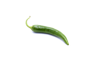 A single green chili pepper on a white background.