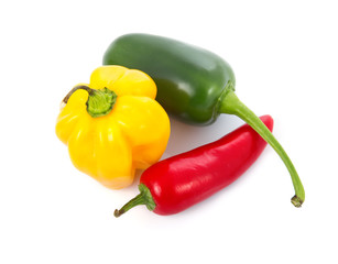 Three colored chili pepper vegetables isolated