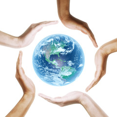 Earth with multiracial human hands. on white background.