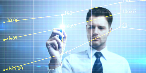 Businessman designing a plan on a touch screen interface