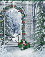 Zimowe ruiny z dekoracjami świątecznymi