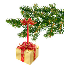 Golden present box hanging on green Christmas tree branch