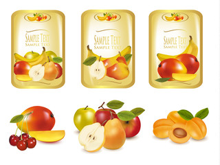 Gold labels with different sorts of fruit. Vector. - obrazy, fototapety, plakaty
