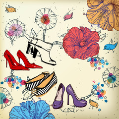 fantasy vector  background with flowers and  fashion shoes