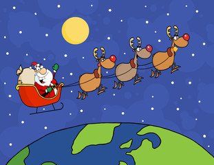 Team Of Reindeer And Santa In His Sleigh