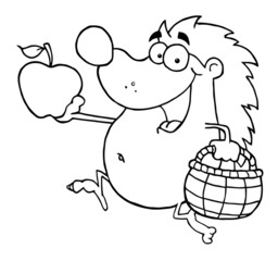 Outline Happy Hedgehog Runs With Apple