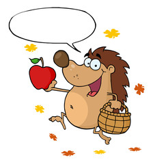 Happy Hedgehog Runs With Apple And Bubble