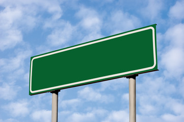 Blank Green Road Sign Against Sky, Light Cloudscape