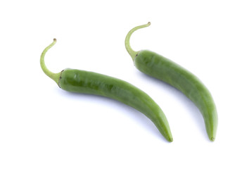 Two green chili peppers on a white background.