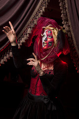 cool Venetian mask makeup over vintage interior