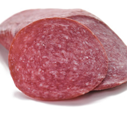 Sliced Salami on white background