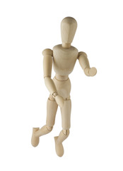 Wooden mannequin flies and stretches hands
