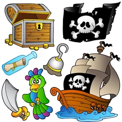 Cercles muraux Pirates Collection de pirates avec bateau en bois