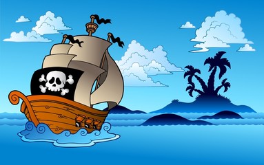 Piratenschiff mit Inselsilhouette