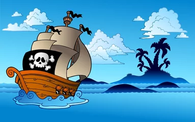 Fotobehang Piraten Piratenschip met eilandsilhouet