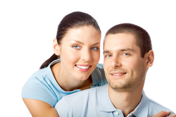 Portrait of young happy smiling attractive couple, isolated