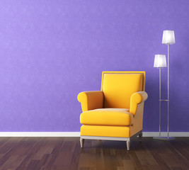 yellow armchair on violet wall