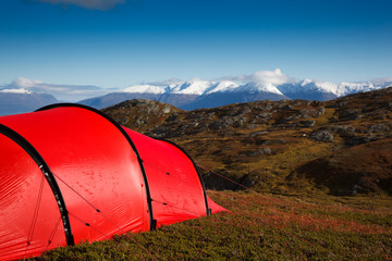 Tent in mountaineous terrain