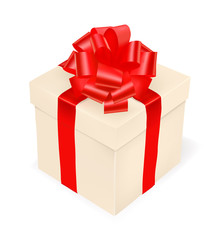 Gift box, bow and ribbon and card. Vector.