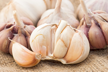 Food ingredient: Macro of garlic on canvas. Sdof