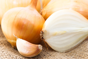 Food ingredient: Macro of garlic and onion on canvas. Sdof