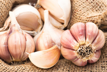 Food ingredient: Macro of garlic in canvas sack. Sdof