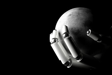 Fototapeta premium Cyborg hand protecting moon