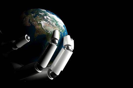 Fototapeta Cyborg hand protecting earth