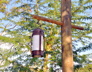 Brown metal streetlamp hanging from a wooden post in a park