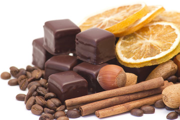 chocolate, coffee beans, cinnamon, orange