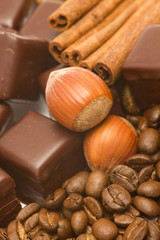 chocolate, coffe beans, cinnamon, nuts