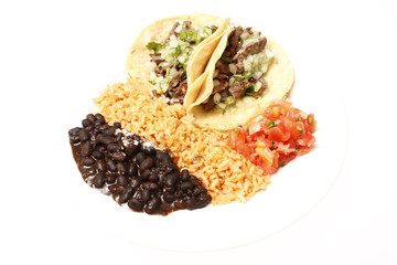 Beef soft tacos with rice and beans