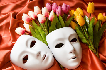 Theatre concept with the white plastic masks