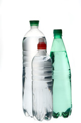 Group of mineral  soda water bottles