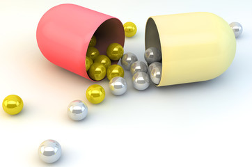 open pill with reflections on the contents