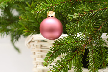 Christmas decoration with New Year ball and fir - Xmas backgroun