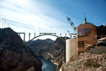 Hoover Dam and the Hoover Dam Bypass Bridge during construction