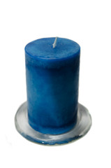 Blue candle on stand isolated on white background