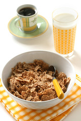cereals with glass of milk and a cup of coffee