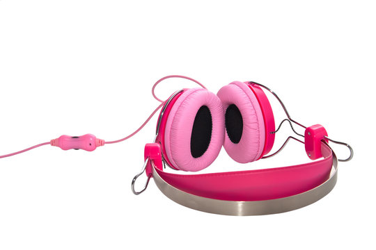 Pink headphones isolated on white background.