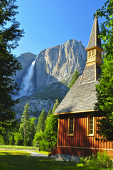 Upper Yosemite Falls and Yosemite Chapel. Yosemite National Park